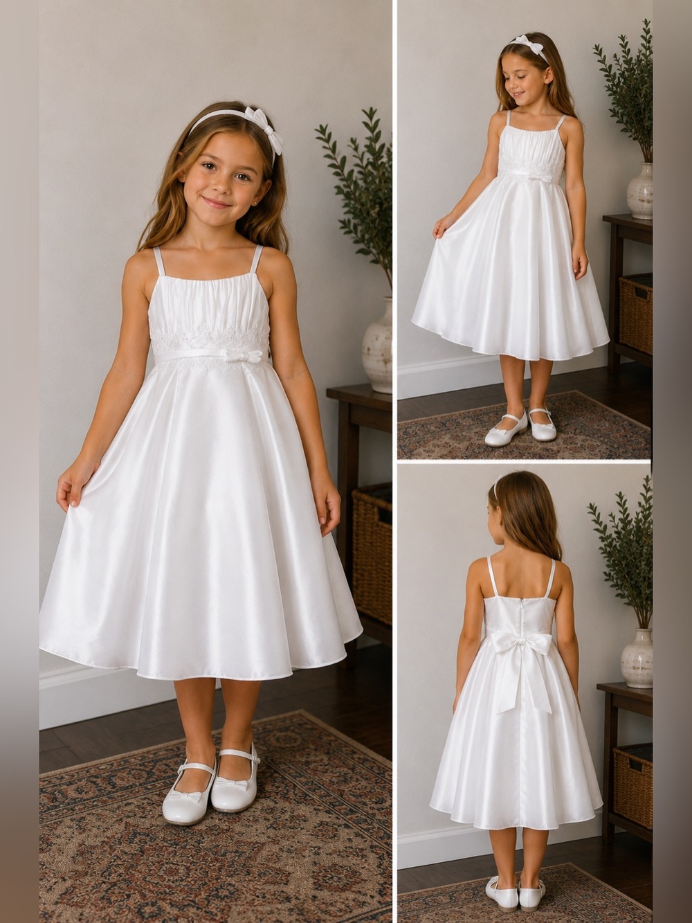 David's Bridal White Girls' Sleeveless Satin Dress with Bow Accent
